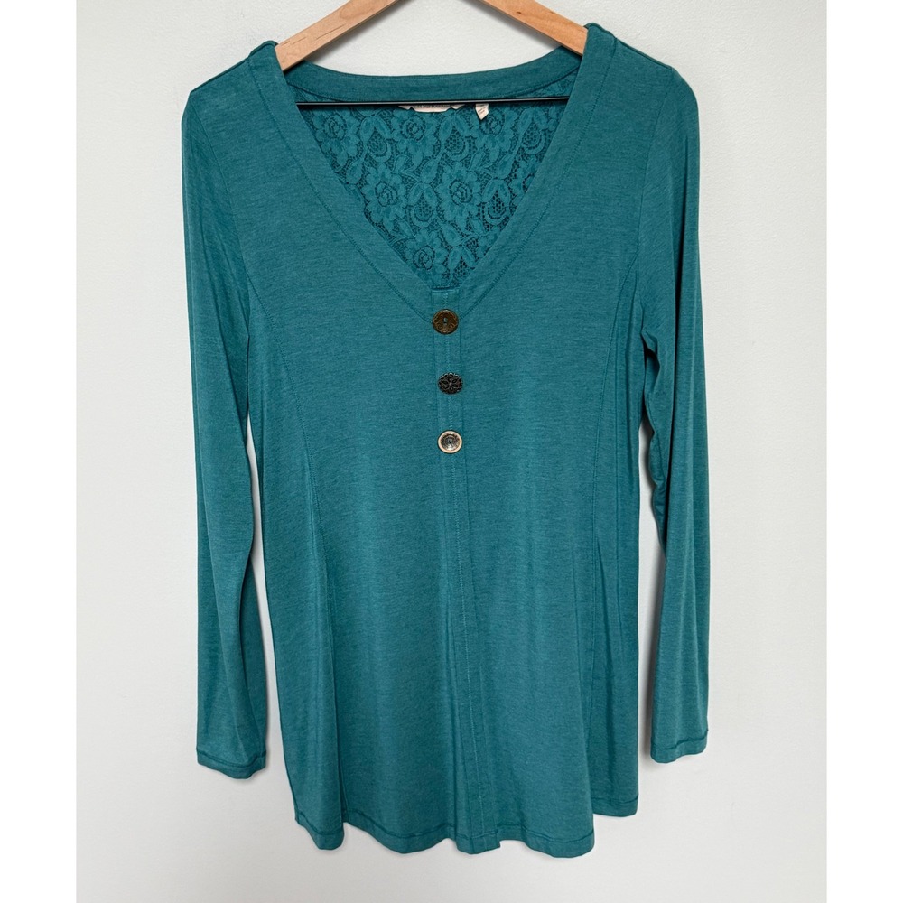 Soft Surroundings Women's Lace V-Neck Long Sleeve Teal Button Tunic Top Size M